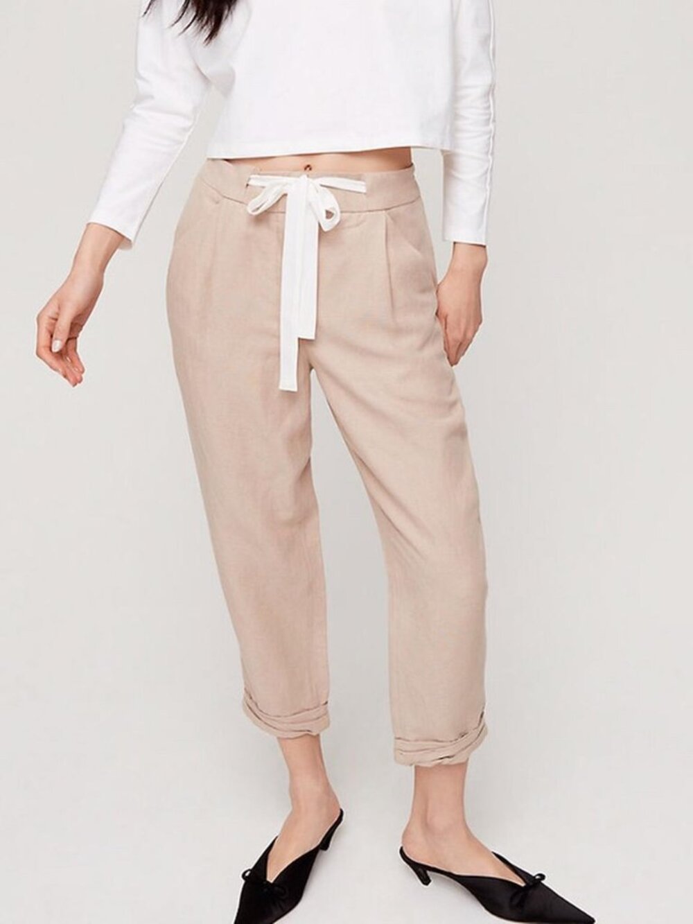 Aritzia Wilfred Beige Linen Tie-Waist Pants